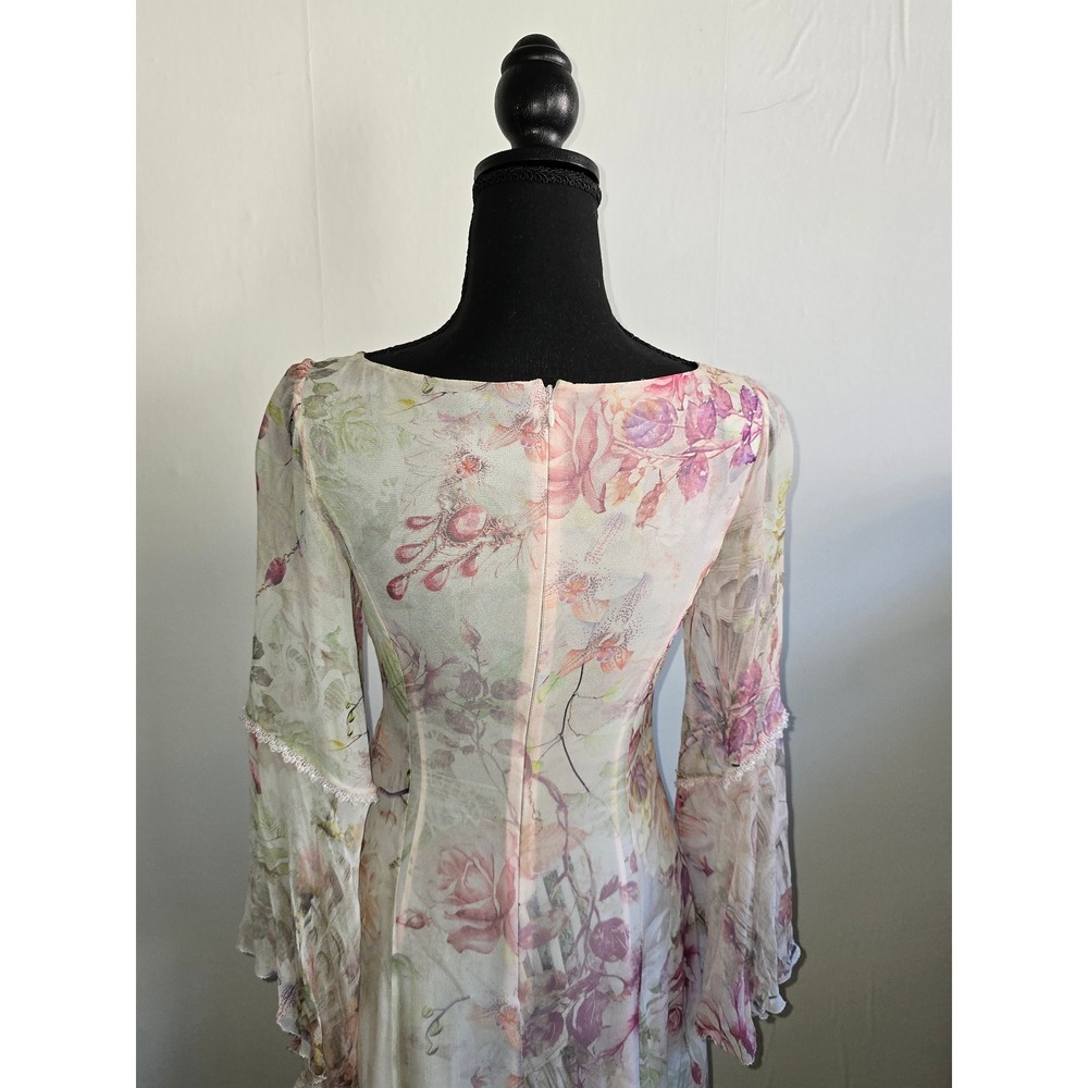 Romantic Floral Maxi Dress Women Sheer Overlay Bell Sleeve renfair fairycore - Picture 11 of 16